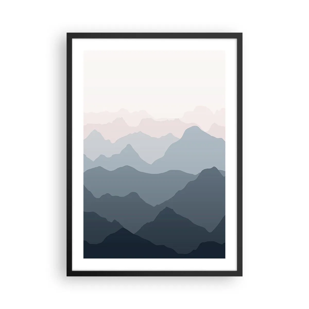 Poster in black frame - Layered mountain ranges in shades of blue and gray - 50x70cm - Mountain Waves - Modern wall decoration for the living room and bedroom ARTTOR