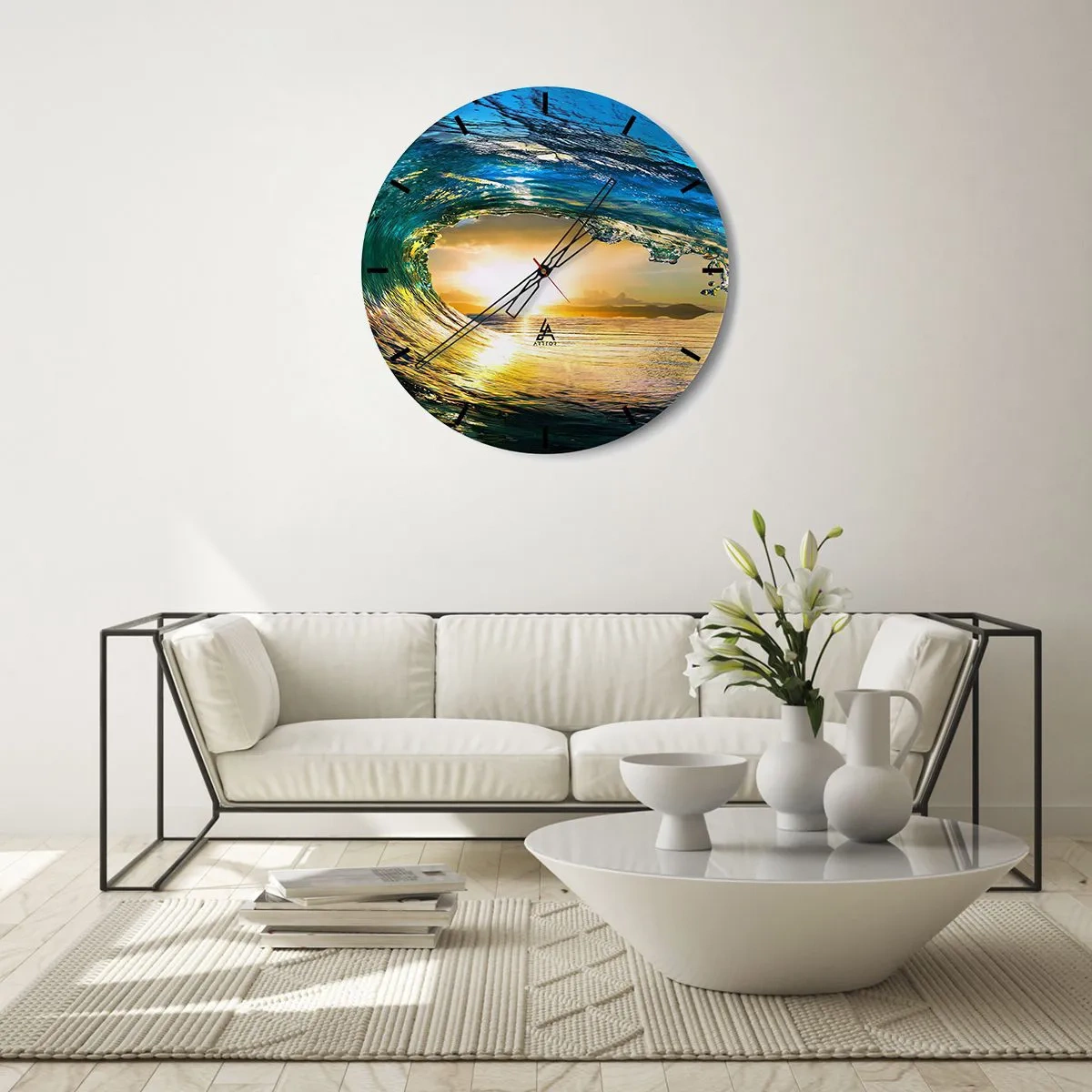 Wall clock - Clock on glass - Sea wave in the light of the setting sun - 30x30cm - In an Emerald and Gold Crystal - Modern wall decoration for the living room, kitchen, and bedroom ARTTOR