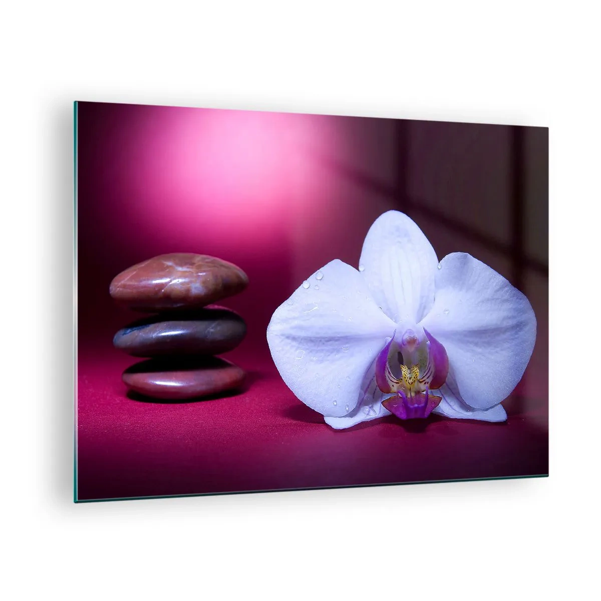 Glass picture - White orchid and stones against a background of purple light - 70x50cm - Study of Freshness in Purple - Modern wall decoration for the living room and bedroom ARTTOR