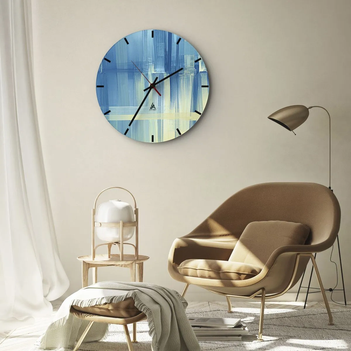 Wall clock - Clock on glass - Blue and beige abstraction in brush stroke technique - 30x30cm - Composition In Turquoise - Modern wall decoration for the living room, kitchen, and bedroom ARTTOR