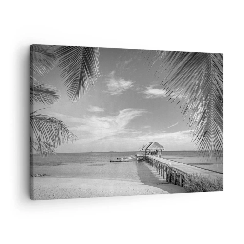 Canvas picture - Black and white beach with pier and palm trees on a tropical coast - 70x50cm - Memory or a Dream? - Modern wall decoration for the living room and bedroom ARTTOR