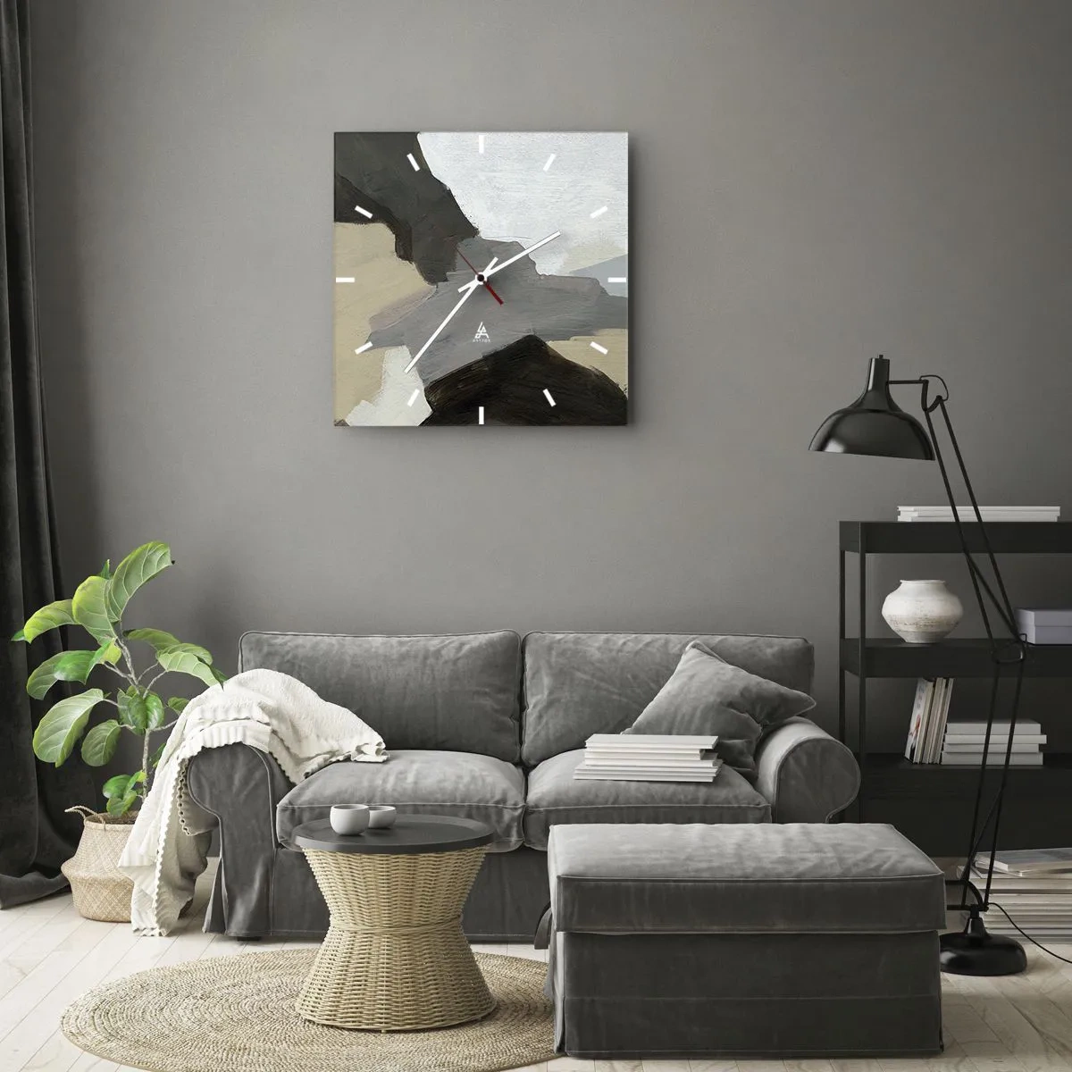 Wall clock - Clock on glass - Abstract: Crossroads of Grey - 40x40 cm