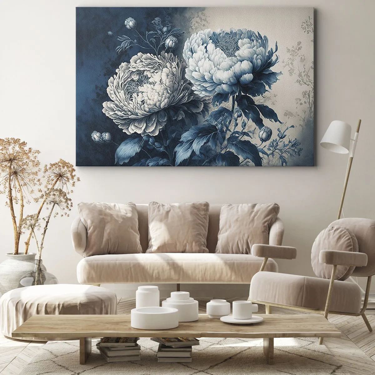 Canvas picture - Blue peonies on a subtle background with a delicate pattern - 70x50cm - Matched Couple - Modern wall decoration for the living room and bedroom ARTTOR