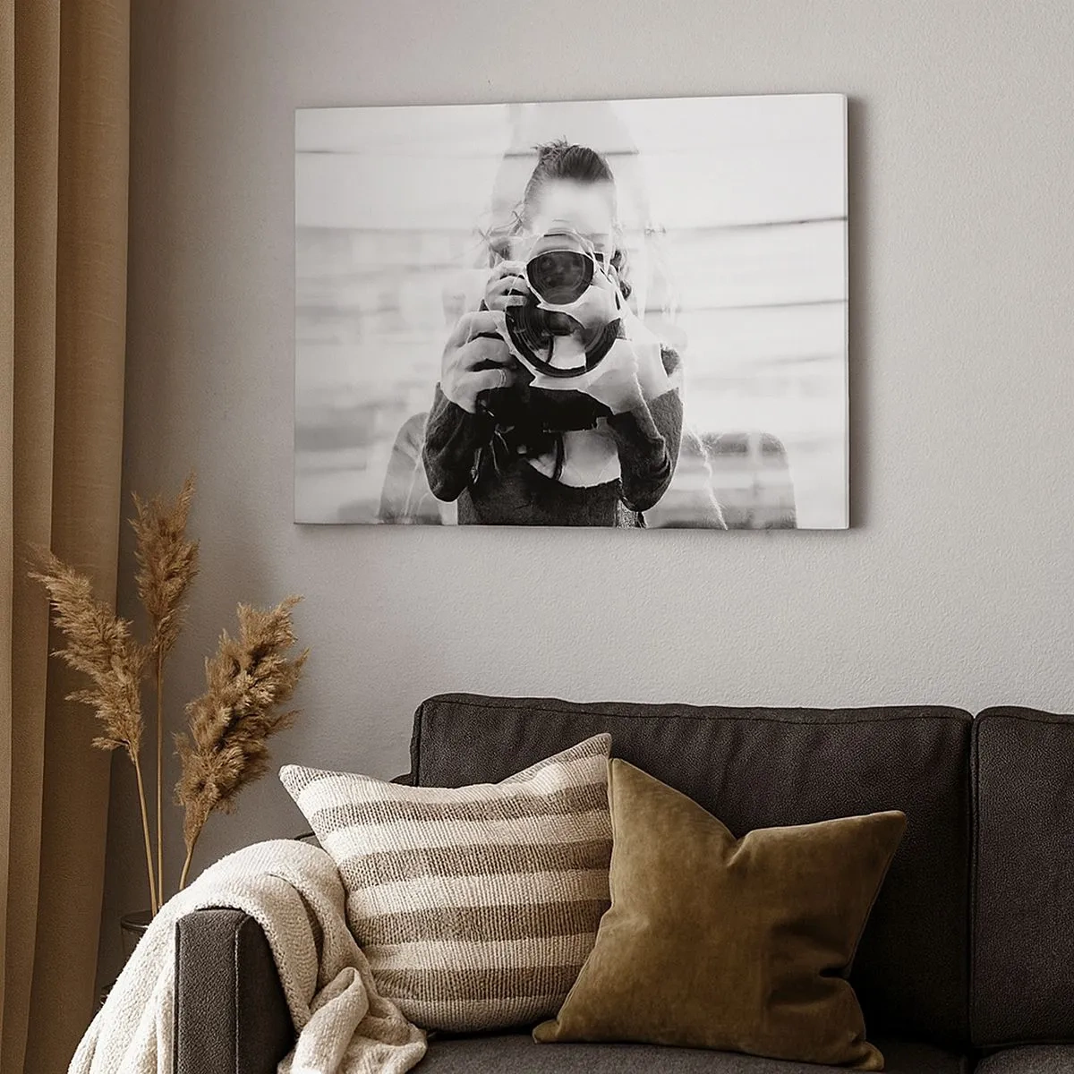 Canvas picture - Black and white double exposure portrait of a photographer - 70x50cm - Creator and the Creation - Modern wall decoration for the living room and bedroom ARTTOR