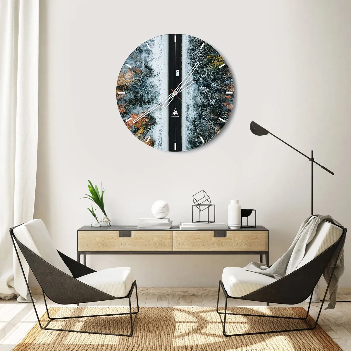 Wall clock - Clock on glass - A forest road in winter seen from a bird's eye view with a car driving by - 30x30cm - Through a Wintery Forest - Modern wall decoration for the living room, kitchen, and bedroom ARTTOR