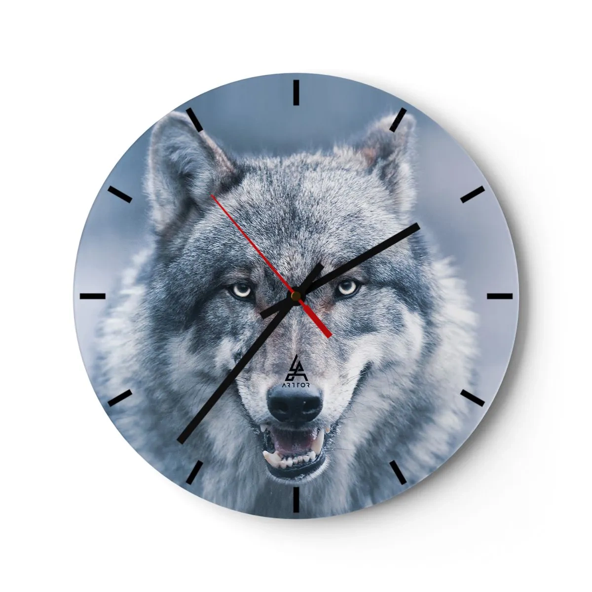 Wall clock - Clock on glass - A wolf with bared fangs on a cold blue background - 30x30cm - Will You Take Up the Challenge? - Modern wall decoration for the living room, kitchen, and bedroom ARTTOR