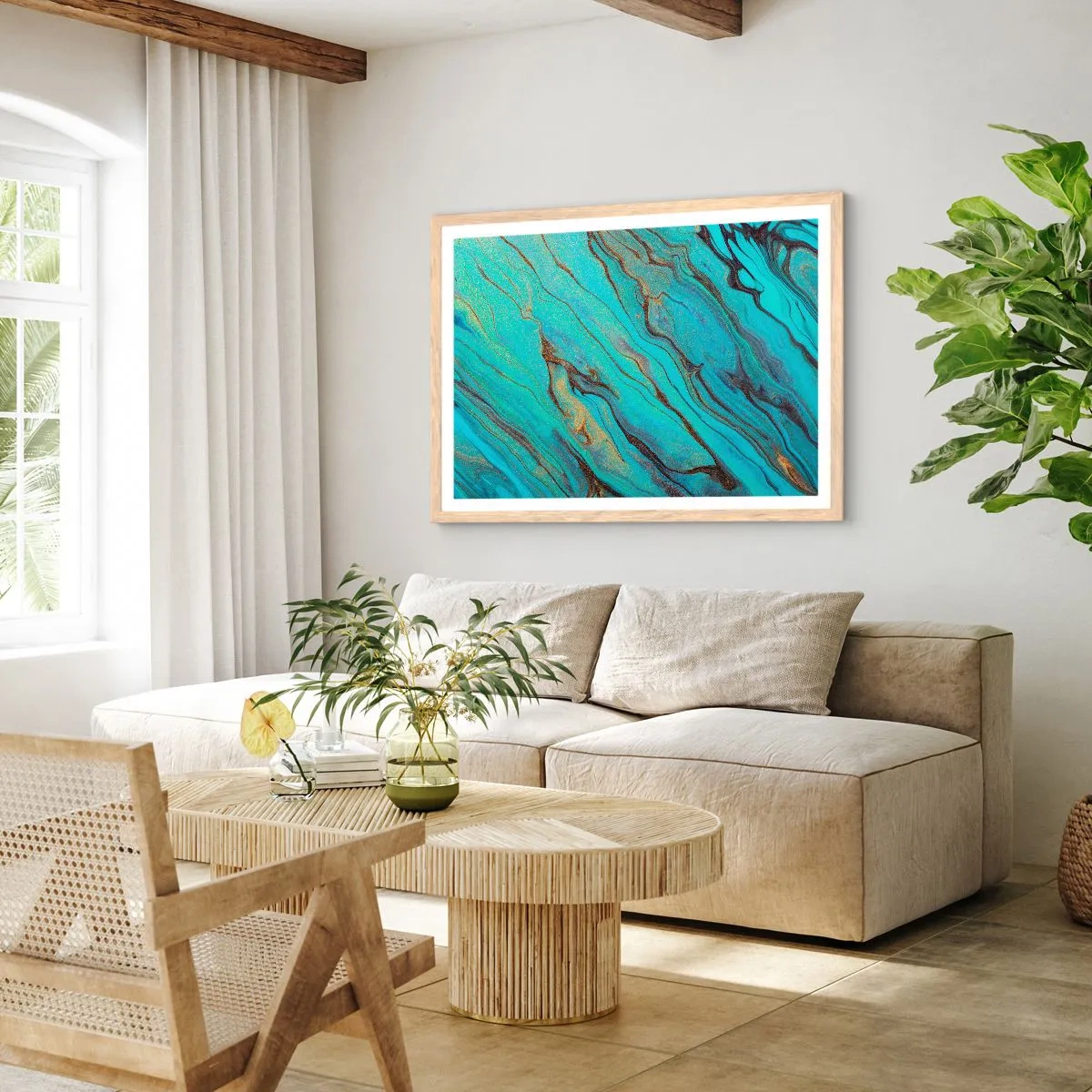 Poster in light oak frame - Turquoise Tide - 50x40 cm