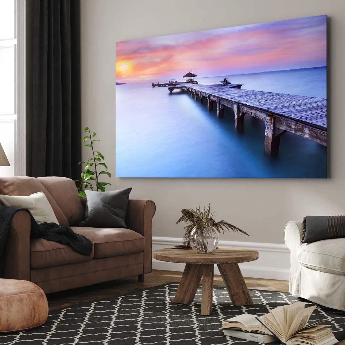 Canvas picture - Wooden pier leading out onto the water during sunset - 70x50cm - Sea of Calm to the Horizon - Modern wall decoration for the living room and bedroom ARTTOR