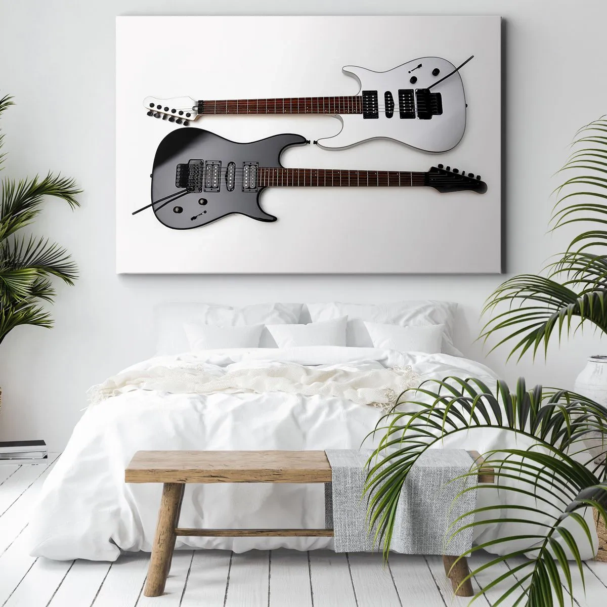 Canvas picture - Two electric guitars in black and white on a light background. - 70x50cm - Harmony of Shapes - Modern wall decoration for the living room and bedroom ARTTOR