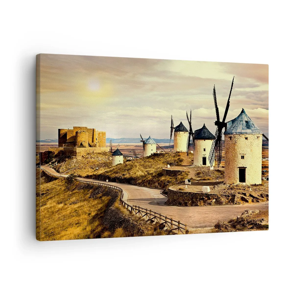 Canvas picture - Windmills on the hills with a historic castle in the background - 70x50cm - Don Quixote Is Coming - Modern wall decoration for the living room and bedroom ARTTOR