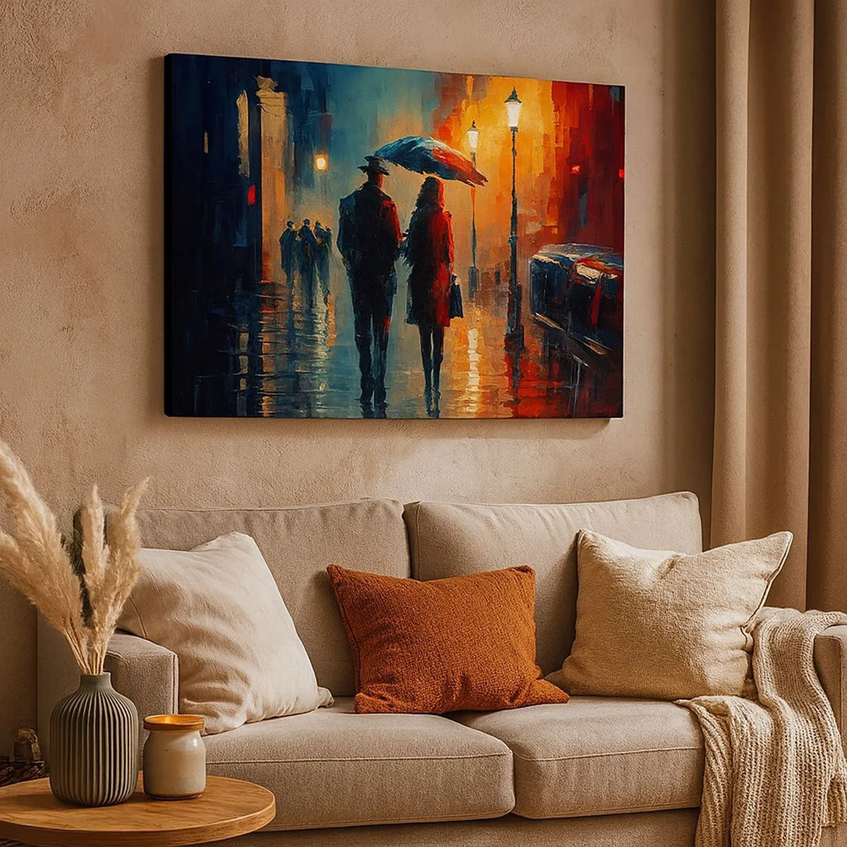 Canvas picture - Walking in the rain under an umbrella in the city at night - 70x50cm - Urban Love Story - Modern wall decoration for the living room and bedroom ARTTOR