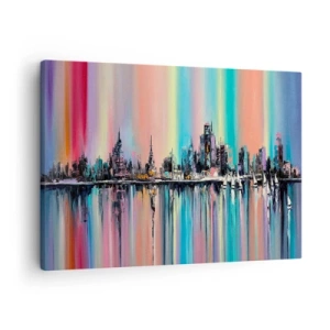 Canvas picture - Colorful cityscape with reflection on the water - 70x50cm - Run down with Night Lights - Modern wall decoration for the living room and bedroom ARTTOR