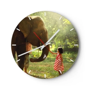 Wall clock - Clock on glass - A girl in a red dress touches an elephant's trunk in the forest. - 30x30cm - Power of Friendship - Modern wall decoration for the living room, kitchen, and bedroom ARTTOR