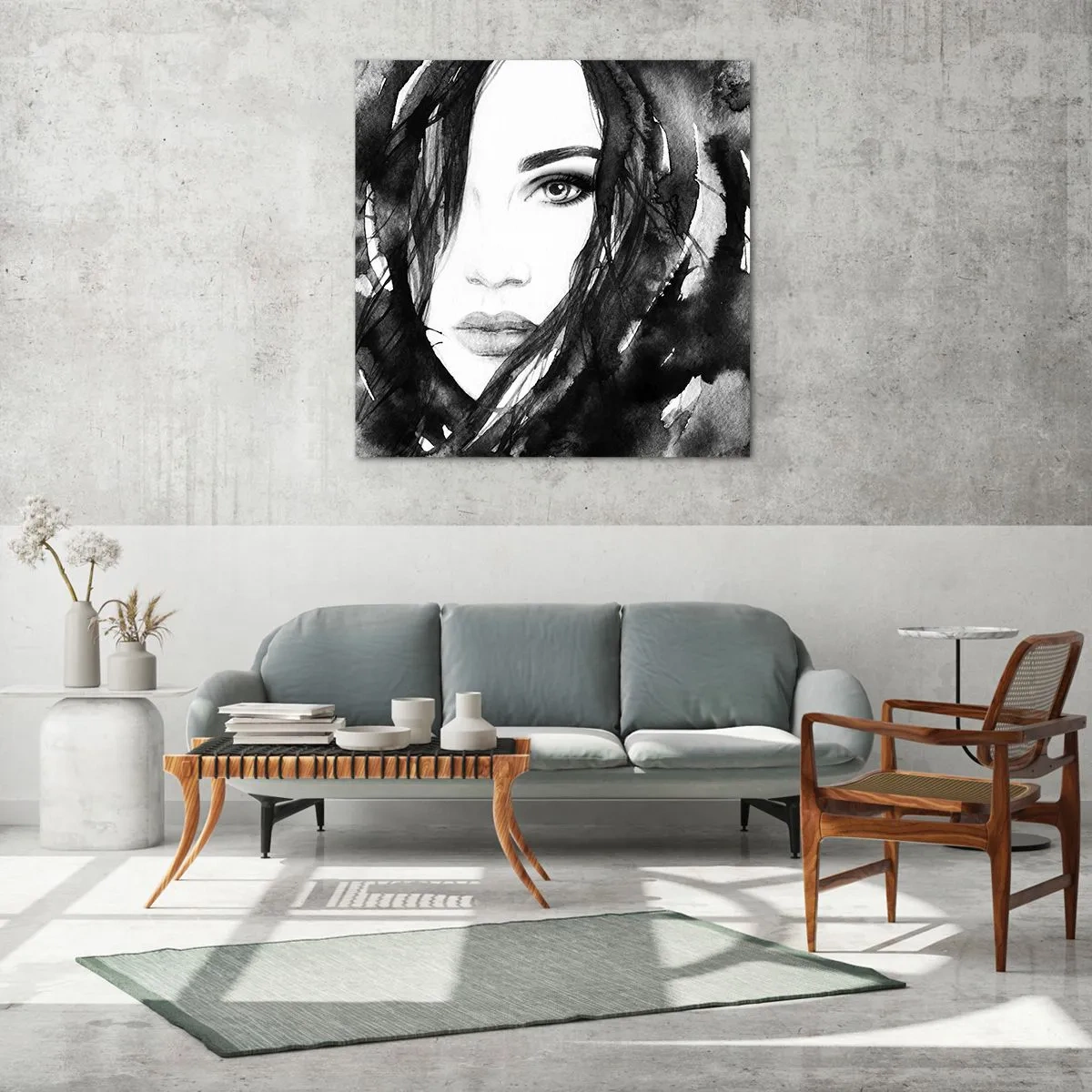 Glass picture - Portriat of a Lady in  Black and White - 70x70 cm