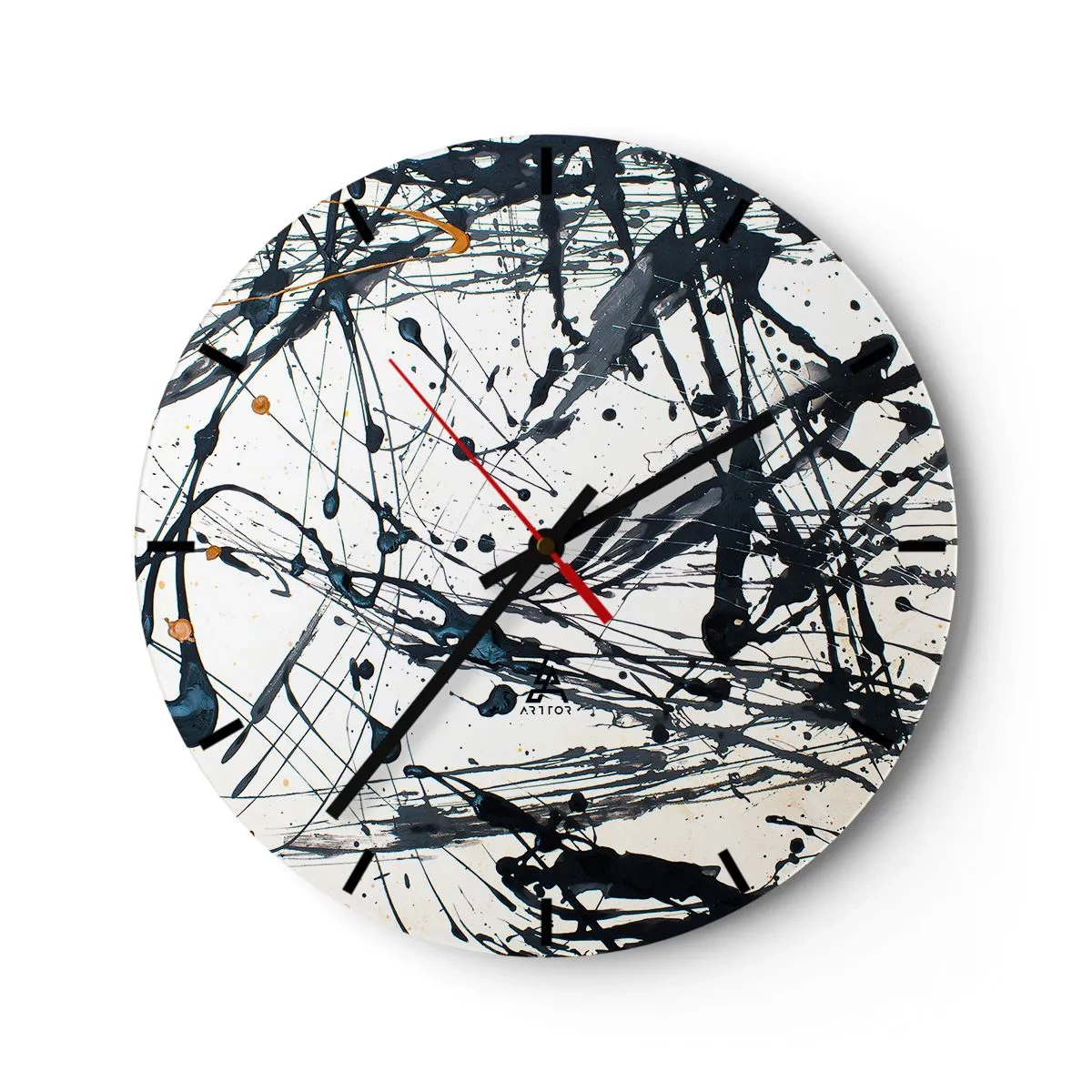 Wall clock - Clock on glass - Abstract pattern with splatters of black and blue paint - 30x30cm - With or Without Meaning? - Modern wall decoration for the living room, kitchen, and bedroom ARTTOR