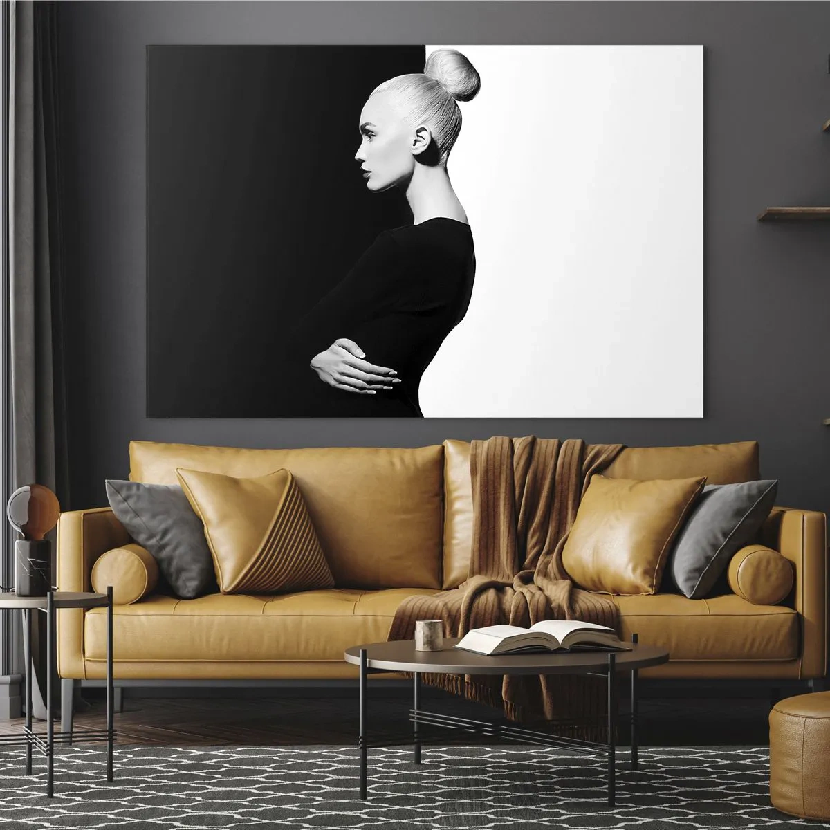 Glass picture - Black and white portrait of a woman in an elegant bun - 70x50cm - Simply a Woman - Modern wall decoration for the living room and bedroom ARTTOR