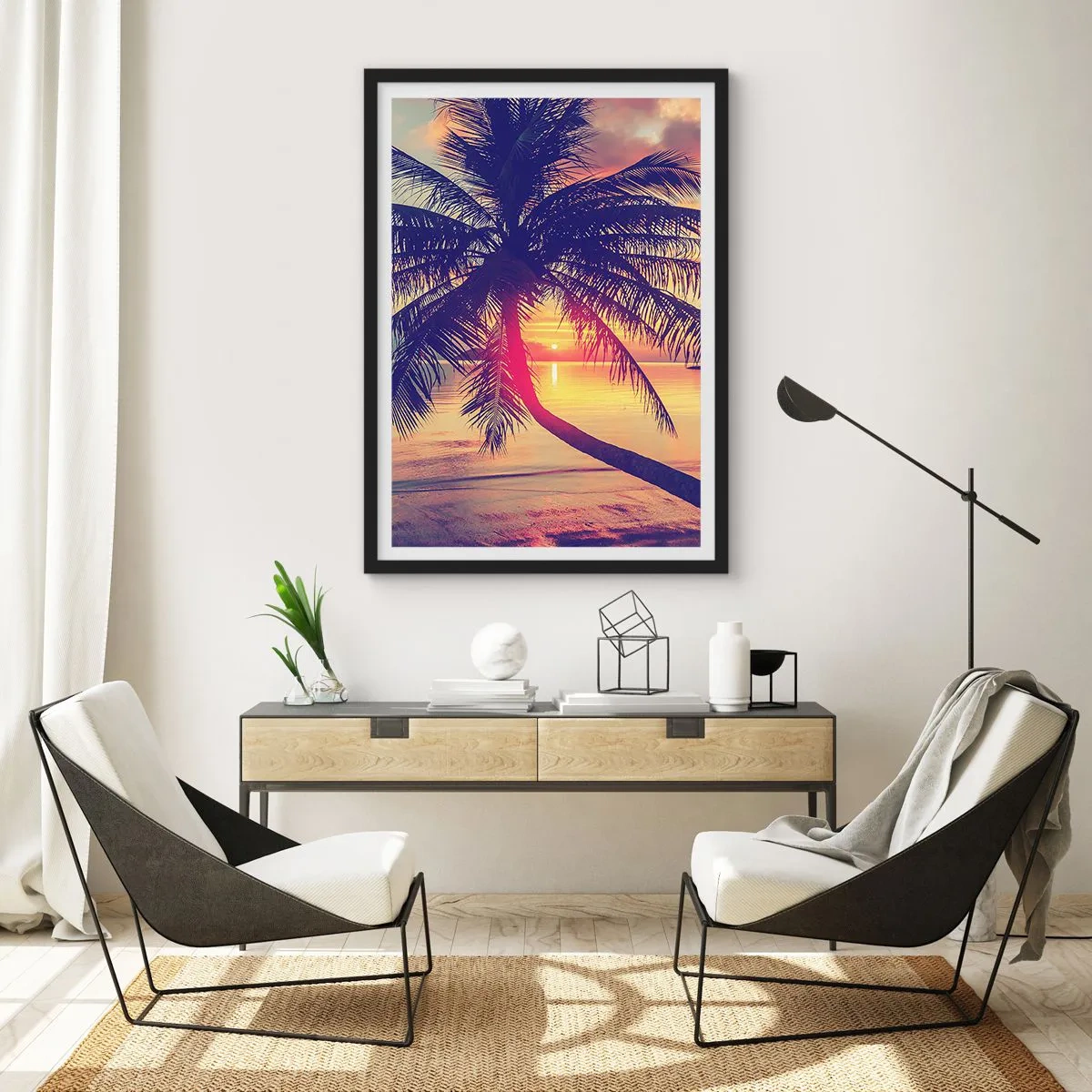 Poster in black frame - Palm tree at sunset overlooking a calm sea - 50x70cm - Evening under the Palm Trees - Modern wall decoration for the living room and bedroom ARTTOR