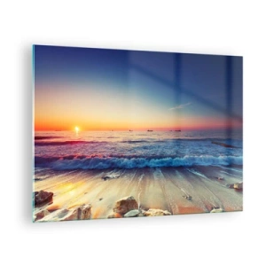 Glass picture - Sunset over the beach with gentle waves and a calm sea - 70x50cm - What Is behind the Horizon? - Modern wall decoration for the living room and bedroom ARTTOR