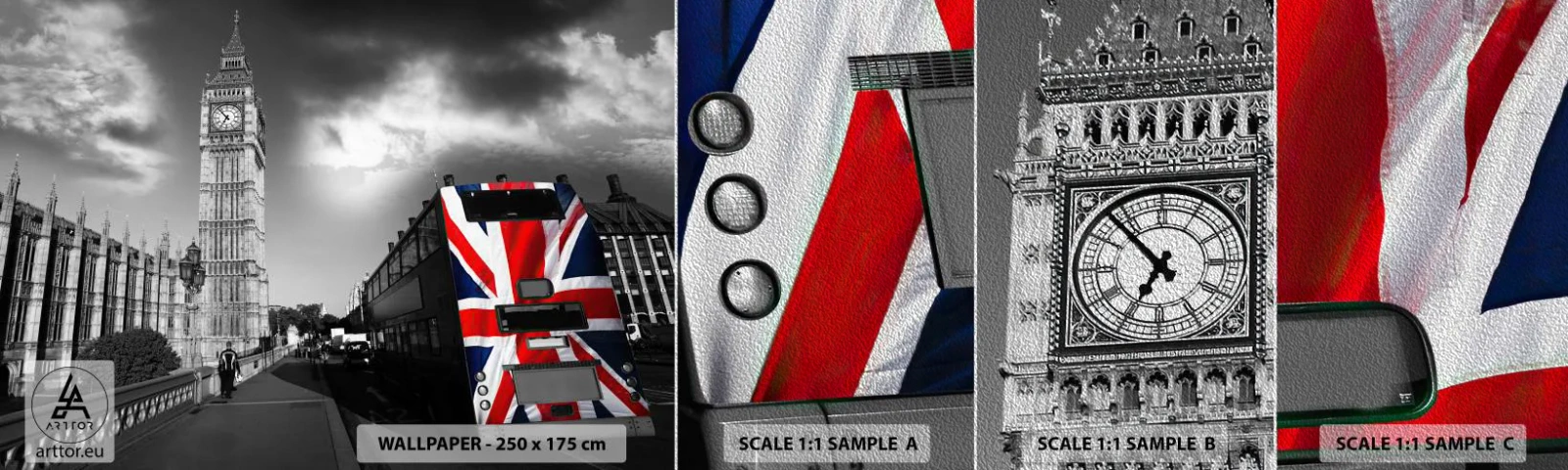 Photo Wallpaper Sample Premium Sand - Proud and Great - City, London, London Bus - 100x30 cm