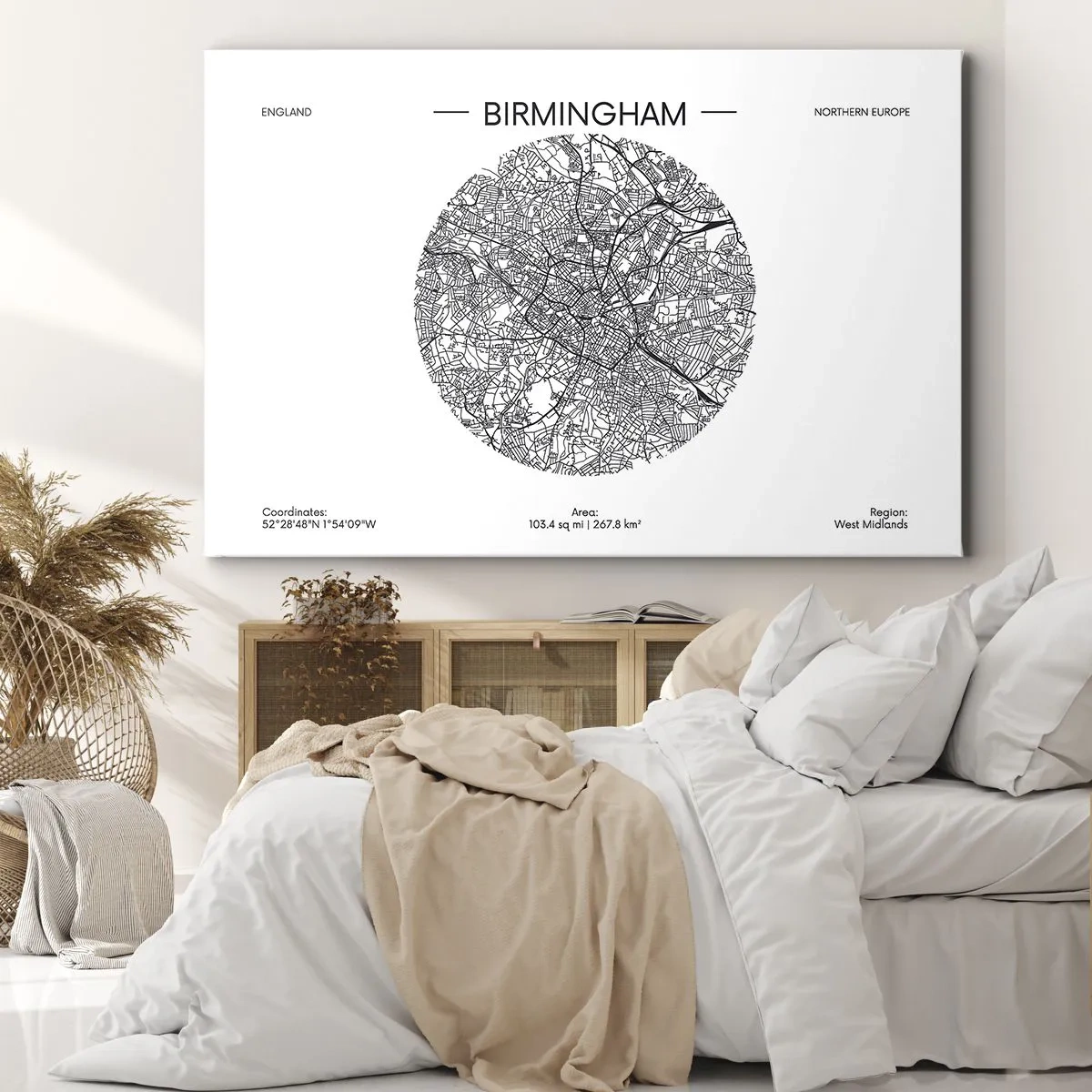 Canvas picture - A minimalist black and white map of Birmingham with precise details. - 70x50cm - Anatomy of Birmingham - Modern wall decoration for the living room and bedroom ARTTOR