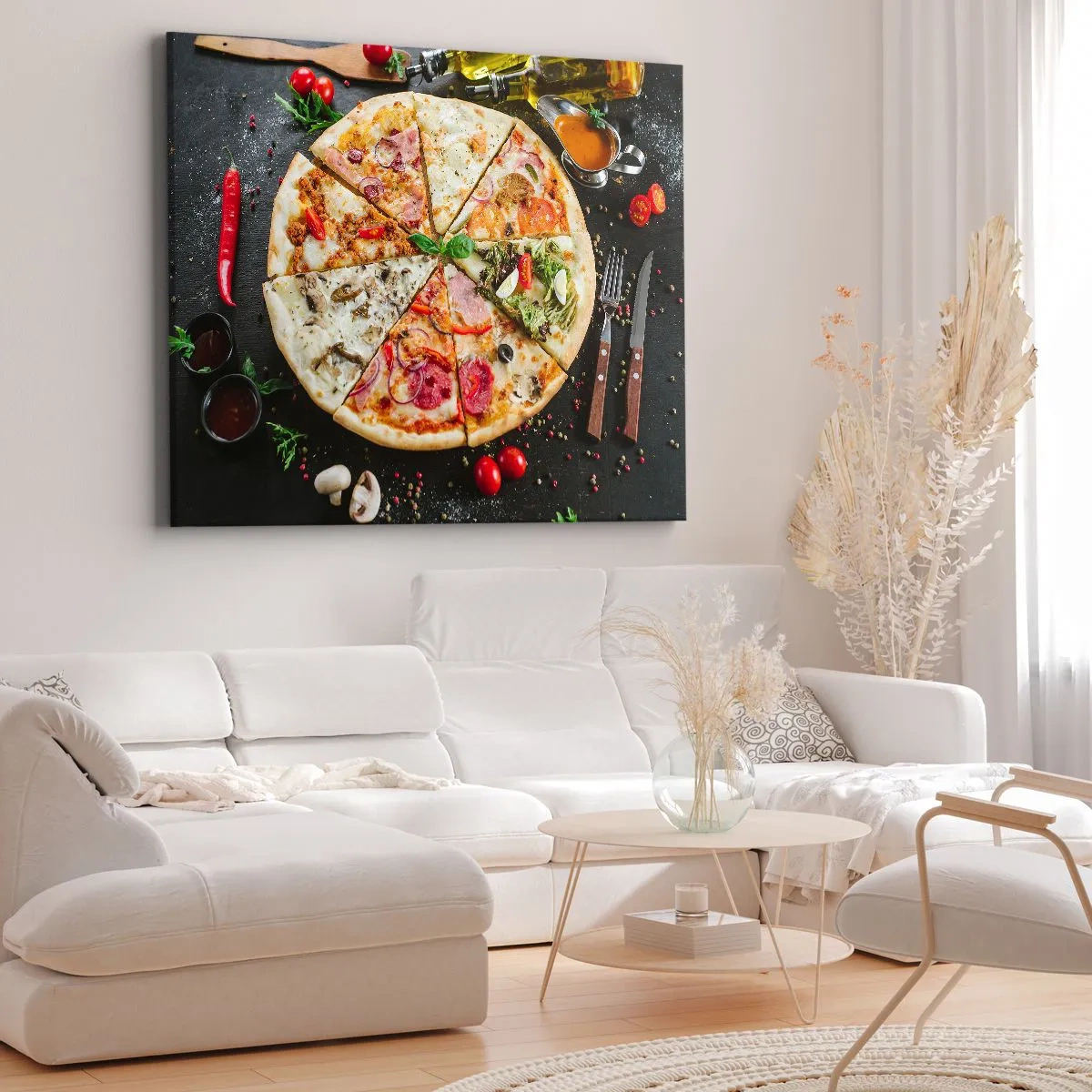 Canvas picture - Pizza in various flavors with a background of toppings - 70x50cm - Range of Flavours - Modern wall decoration for the living room and bedroom ARTTOR