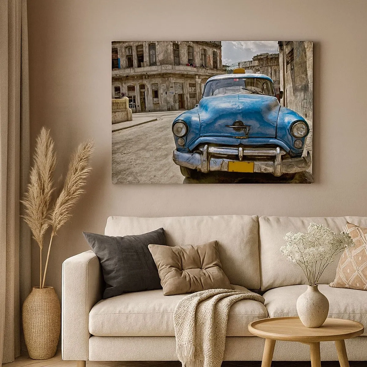 Canvas picture - An old blue car on the street in a retro style - 70x50cm - Old Is Beautiful - Modern wall decoration for the living room and bedroom ARTTOR