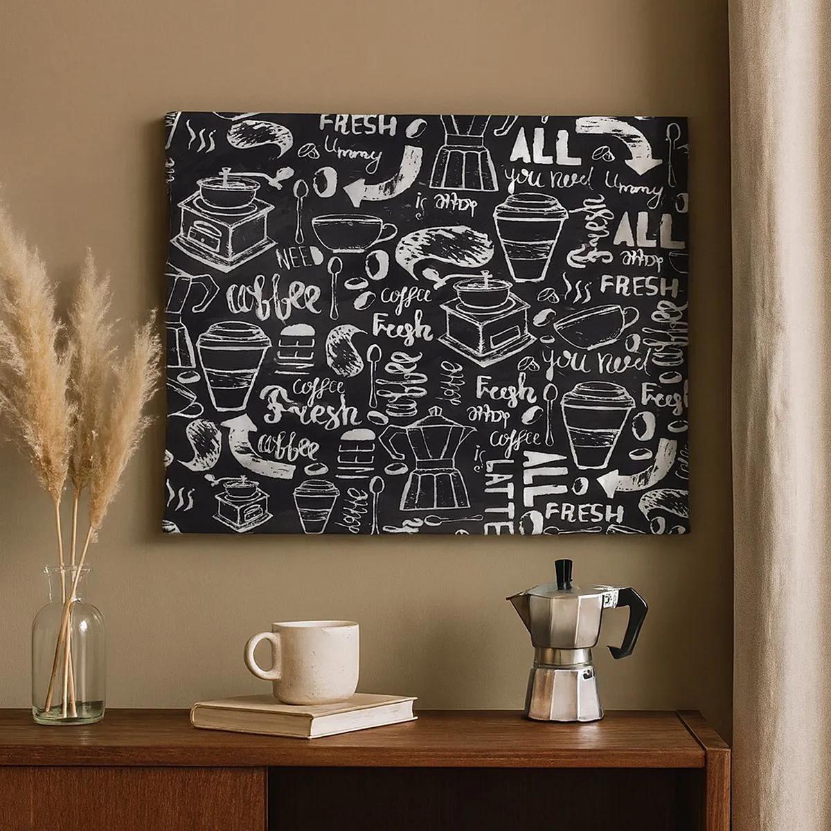 Canvas picture - Stylish coffee graphics on a black background - 70x50cm - All You Need Is… - Modern wall decoration for the living room and bedroom ARTTOR