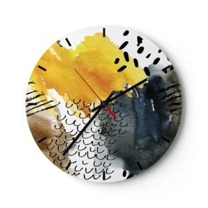 Wall clock - Clock on glass - Abstract pattern in yellow, navy blue and black - 30x30cm - Meeting of Elements - Modern wall decoration for the living room, kitchen, and bedroom ARTTOR