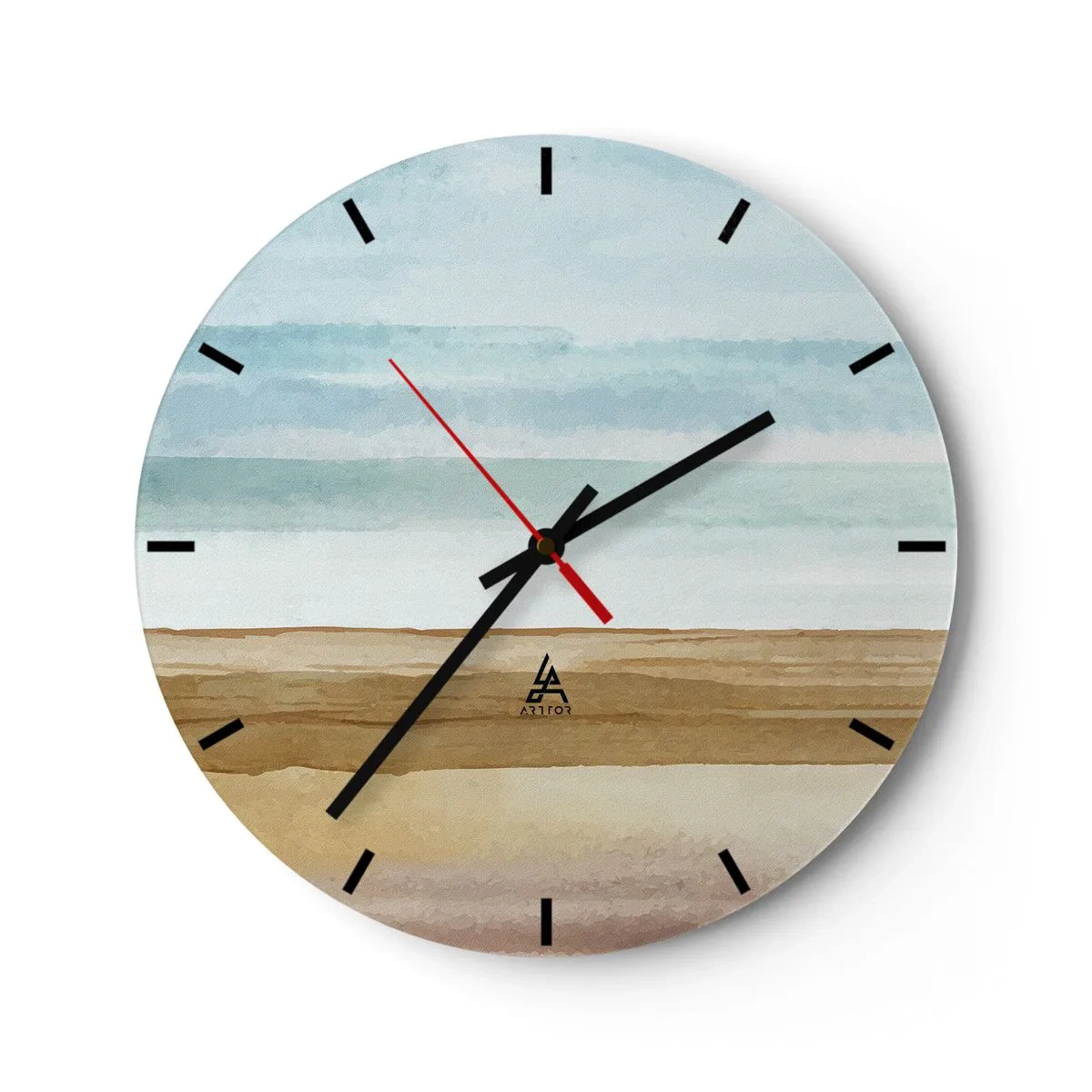 Wall clock - Clock on glass - A delicate landscape with a beach and blue sky - 30x30cm - Calming - Modern wall decoration for the living room, kitchen, and bedroom ARTTOR