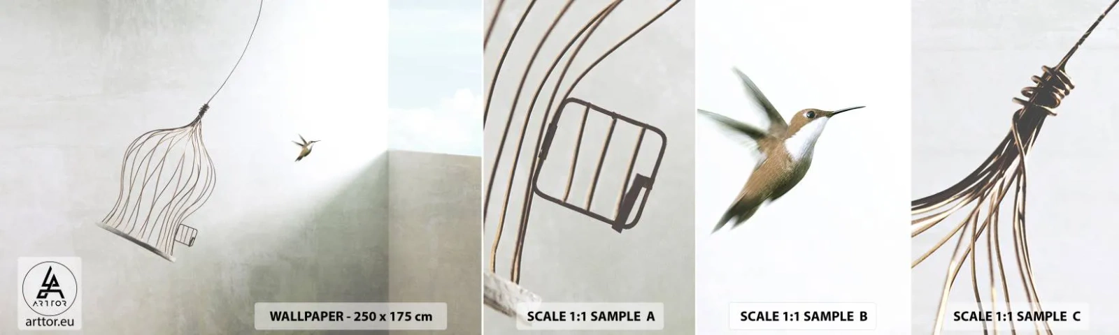 Photo Wallpaper Sample Self-Adhesive Deluxe Sticker - In His Element - Abstraction, Bird, Bird cage - 100x30 cm