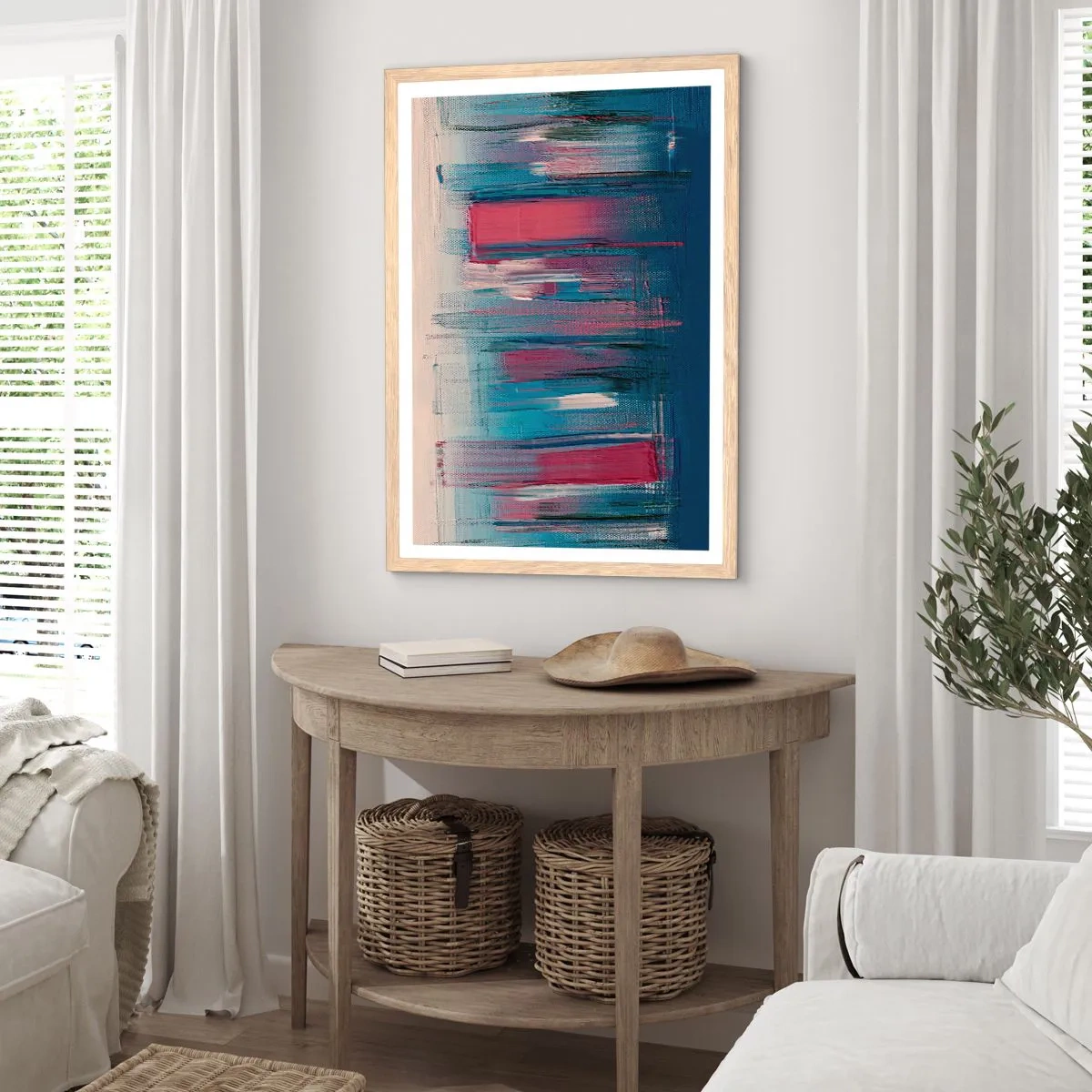 Poster in light oak frame - Vertical Composition In Blue And Red - 70x100 cm