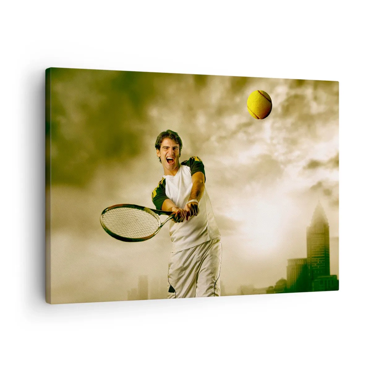 Canvas picture - Tennis player in action during a game against the backdrop of an urban landscape - 70x50cm - Energy And Joy - Modern wall decoration for the living room and bedroom ARTTOR