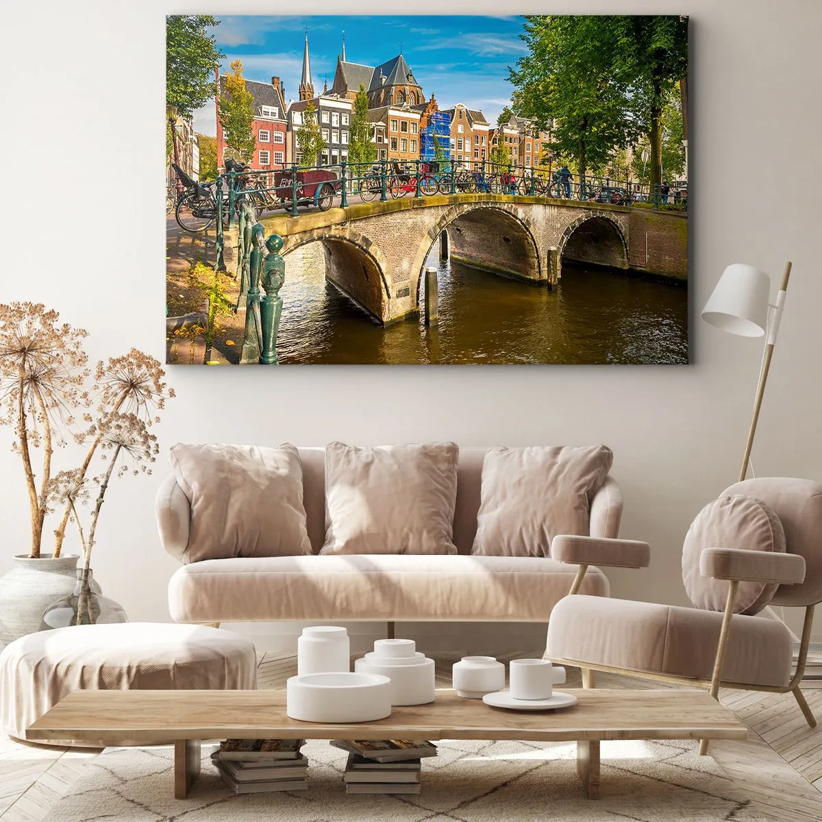 Canvas picture - A picturesque canal with a bridge in Amsterdam - 70x50cm - Spring over the Canal - Modern wall decoration for the living room and bedroom ARTTOR