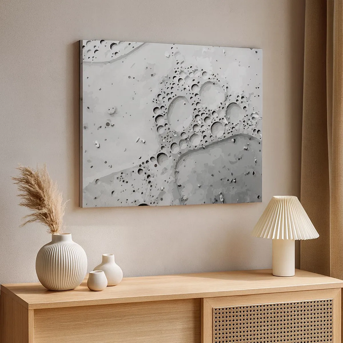 Canvas picture - Black and white bubble pattern in a minimalist style - 70x50cm - Foamy Footprint - Modern wall decoration for the living room and bedroom ARTTOR