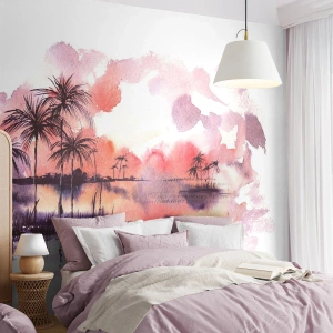 Photo Wallpaper Premium Canvas - Peace of Tropics in Red - Landscape, Coconut Palm, Graphics - 100x70 cm