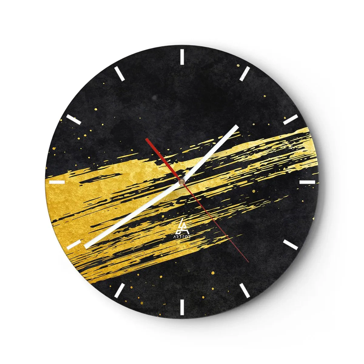 Wall clock - Clock on glass - Golden dynamic brush stroke on black background - 30x30cm - Jump to the Outer Space - Modern wall decoration for the living room, kitchen, and bedroom ARTTOR