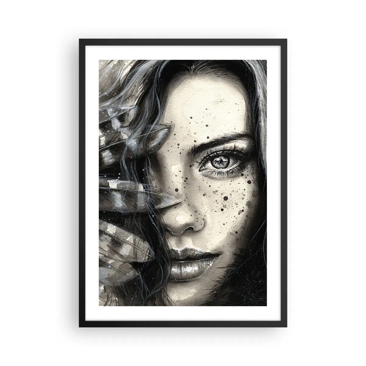 Poster in black frame - Portrait of a woman in a monochrome style - 50x70cm - Wild Beauty - Modern wall decoration for the living room and bedroom ARTTOR