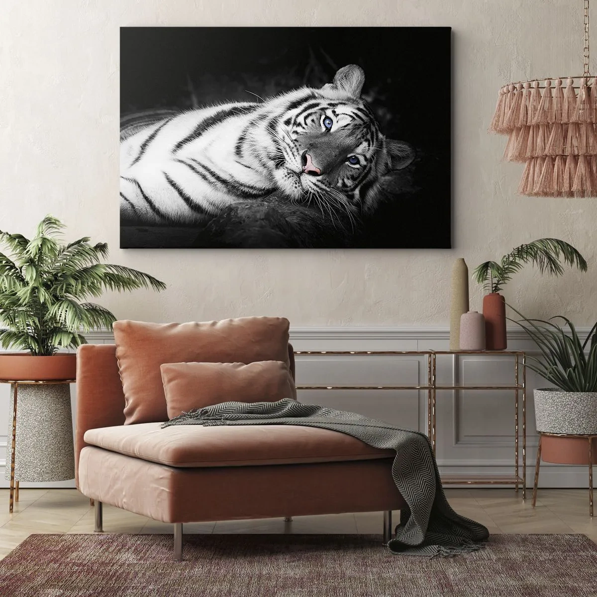 Canvas picture - An artistically rendered white tiger against a black background - 70x50cm - Wilderness and Calm - Modern wall decoration for the living room and bedroom ARTTOR