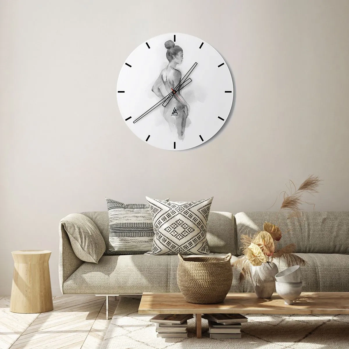 Wall clock - Clock on glass - A silhouette of a woman painted in watercolor in shades of gray. - 30x30cm - Pretty As a Picture - Modern wall decoration for the living room, kitchen, and bedroom ARTTOR