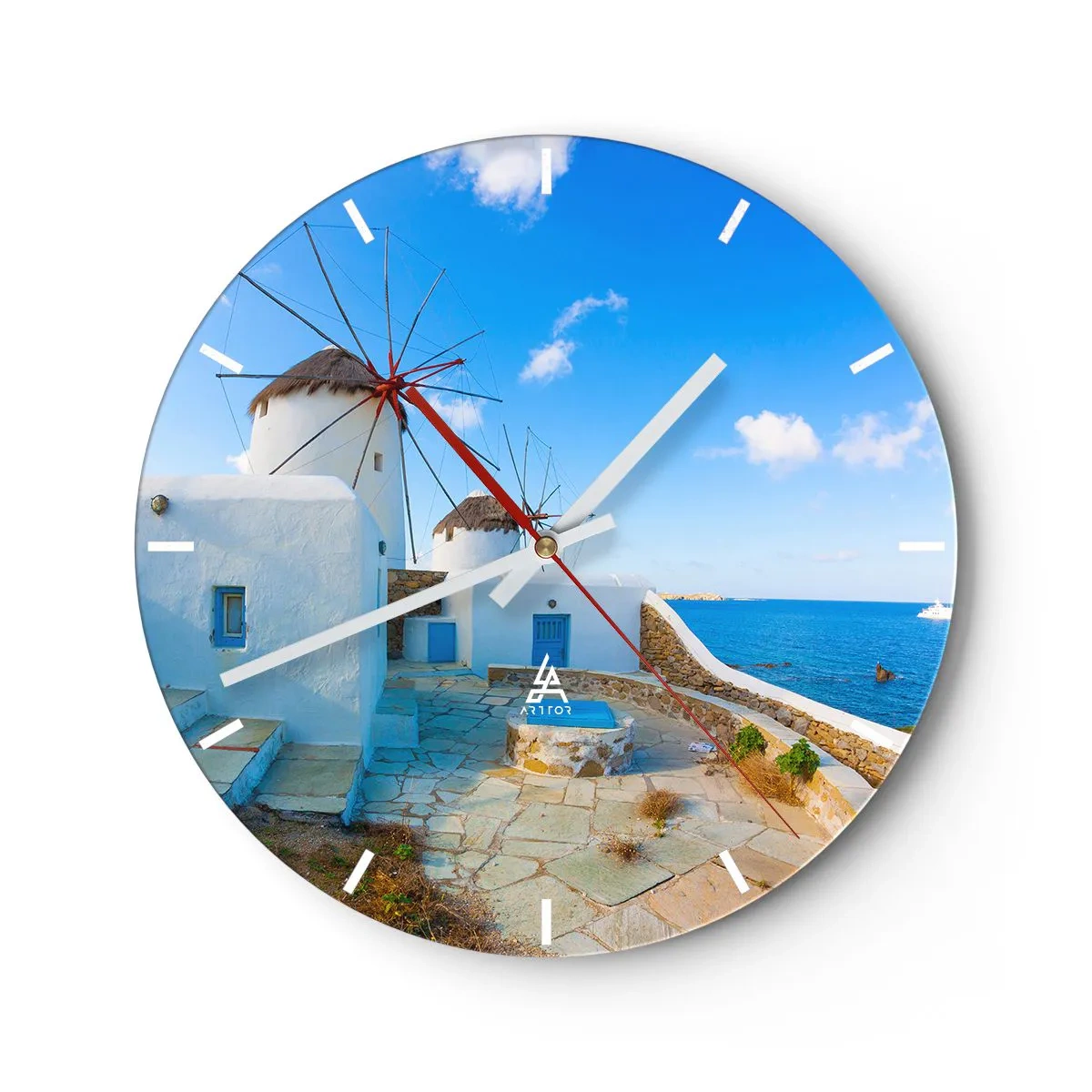 Wall clock - Clock on glass - A windmill against the blue sky and sea on a Greek island - 30x30cm - Blue Wind from the Sea - Modern wall decoration for the living room, kitchen, and bedroom ARTTOR