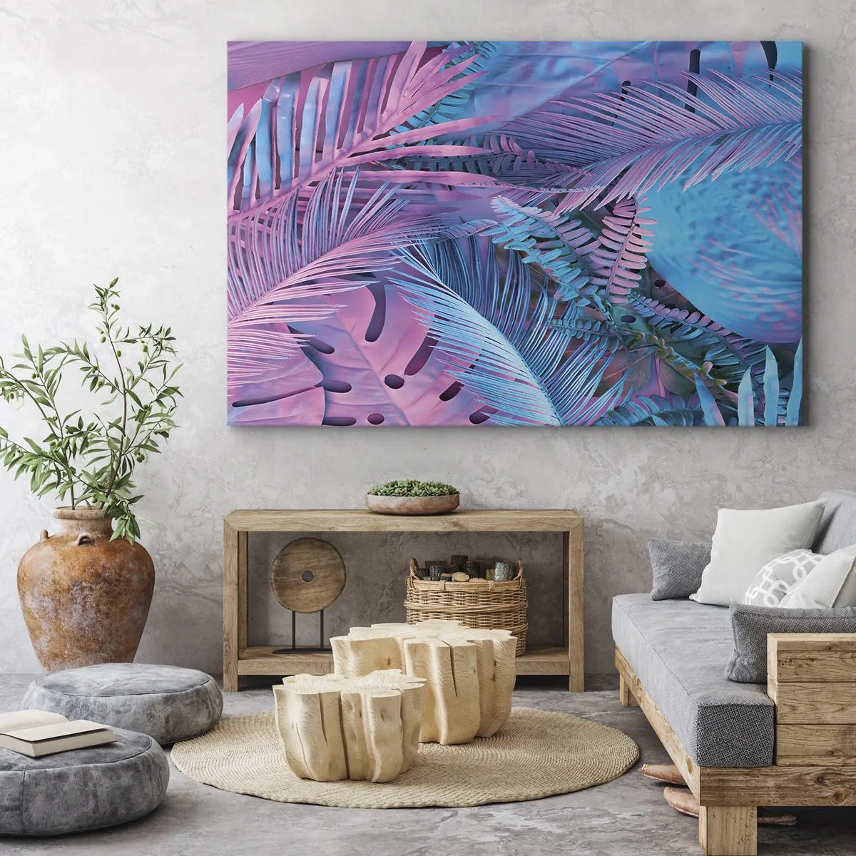 Canvas picture - Tropical leaves in shades of pink and blue - 70x50cm - Tropics in Pink and Blue - Modern wall decoration for the living room and bedroom ARTTOR