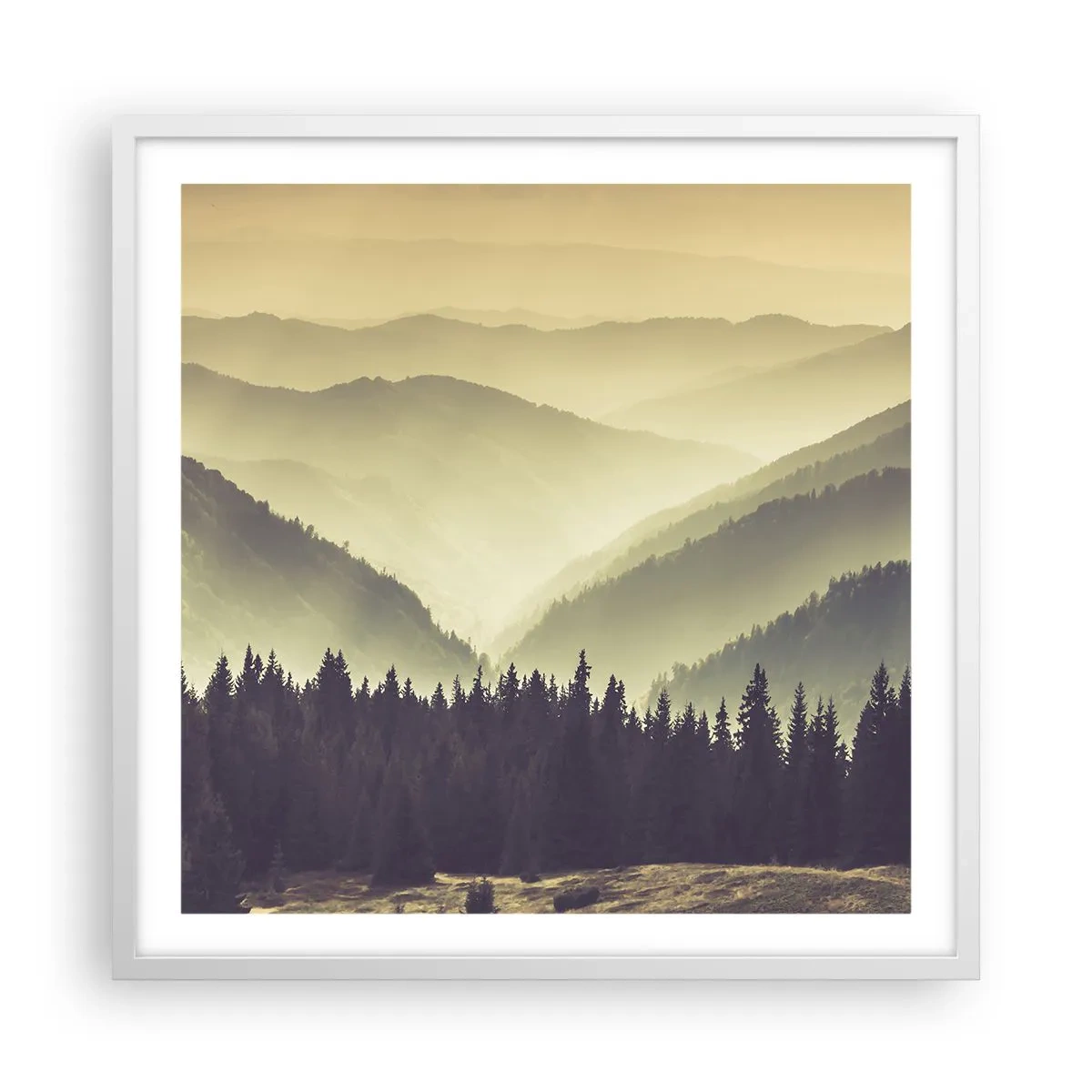 Poster in white frmae - In a Faraway Land, Past the Mountains - 60x60 cm