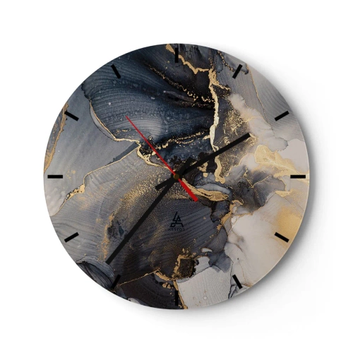 Wall clock - Clock on glass - Dark abstract patterns with gold accents on the glass - 30x30cm - Life of a Stone - Modern wall decoration for the living room, kitchen, and bedroom ARTTOR