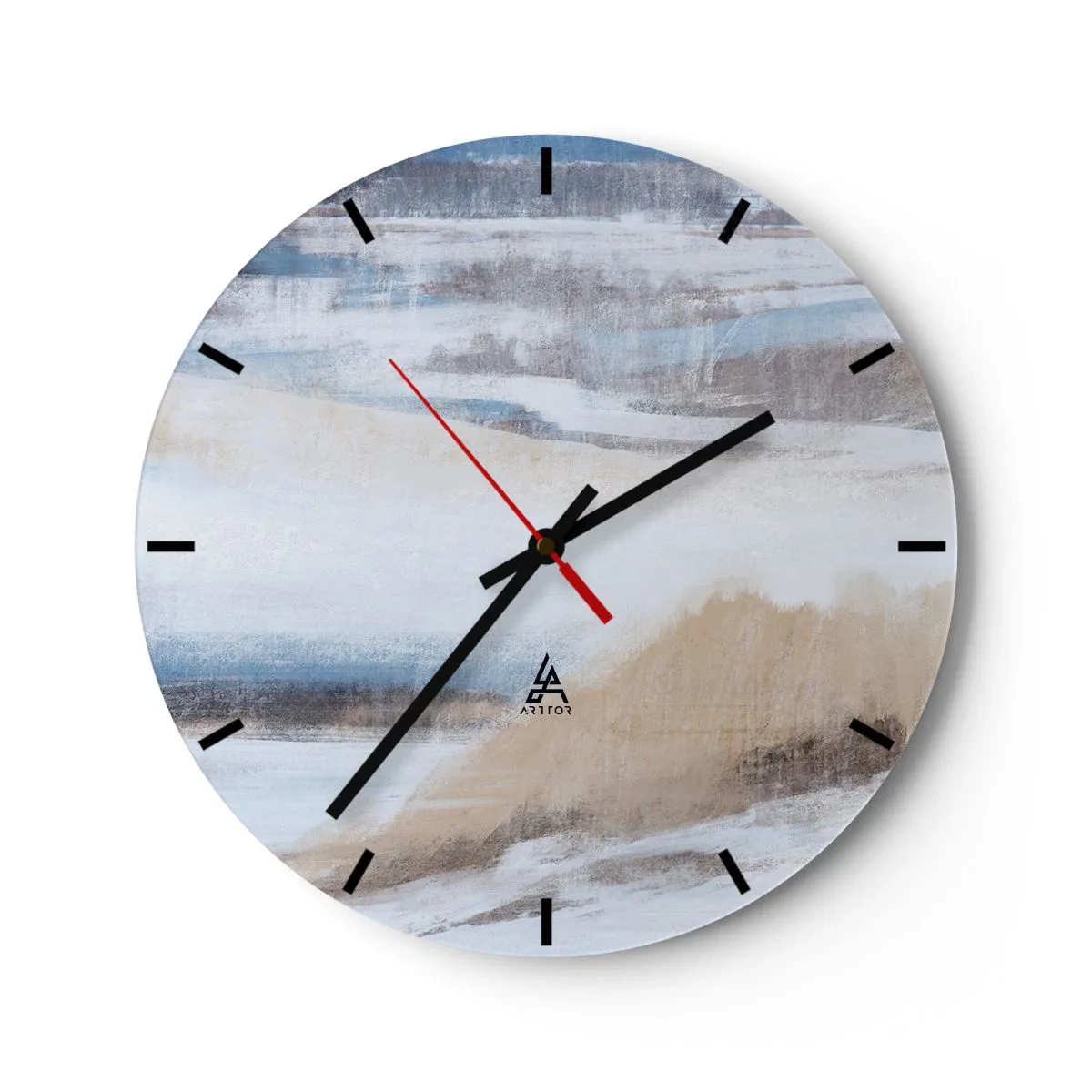 Wall clock - Clock on glass - Winter landscape in shades of blue, beige and white - 30x30cm - Winter Composition - Modern wall decoration for the living room, kitchen, and bedroom ARTTOR