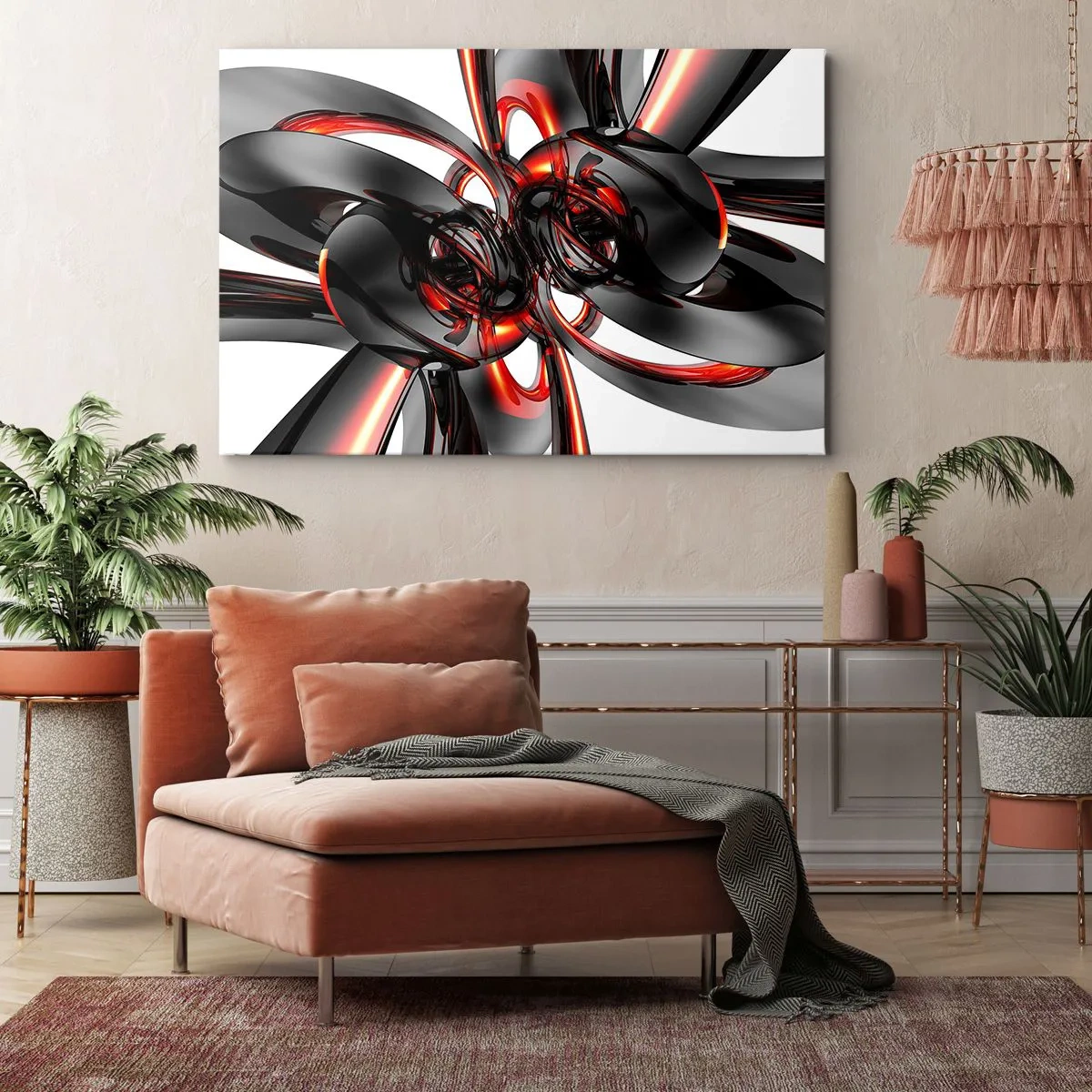 Canvas picture - Abstract 3D graphics with black and red elements - 70x50cm - Movement in Graphite and Red - Modern wall decoration for the living room and bedroom ARTTOR