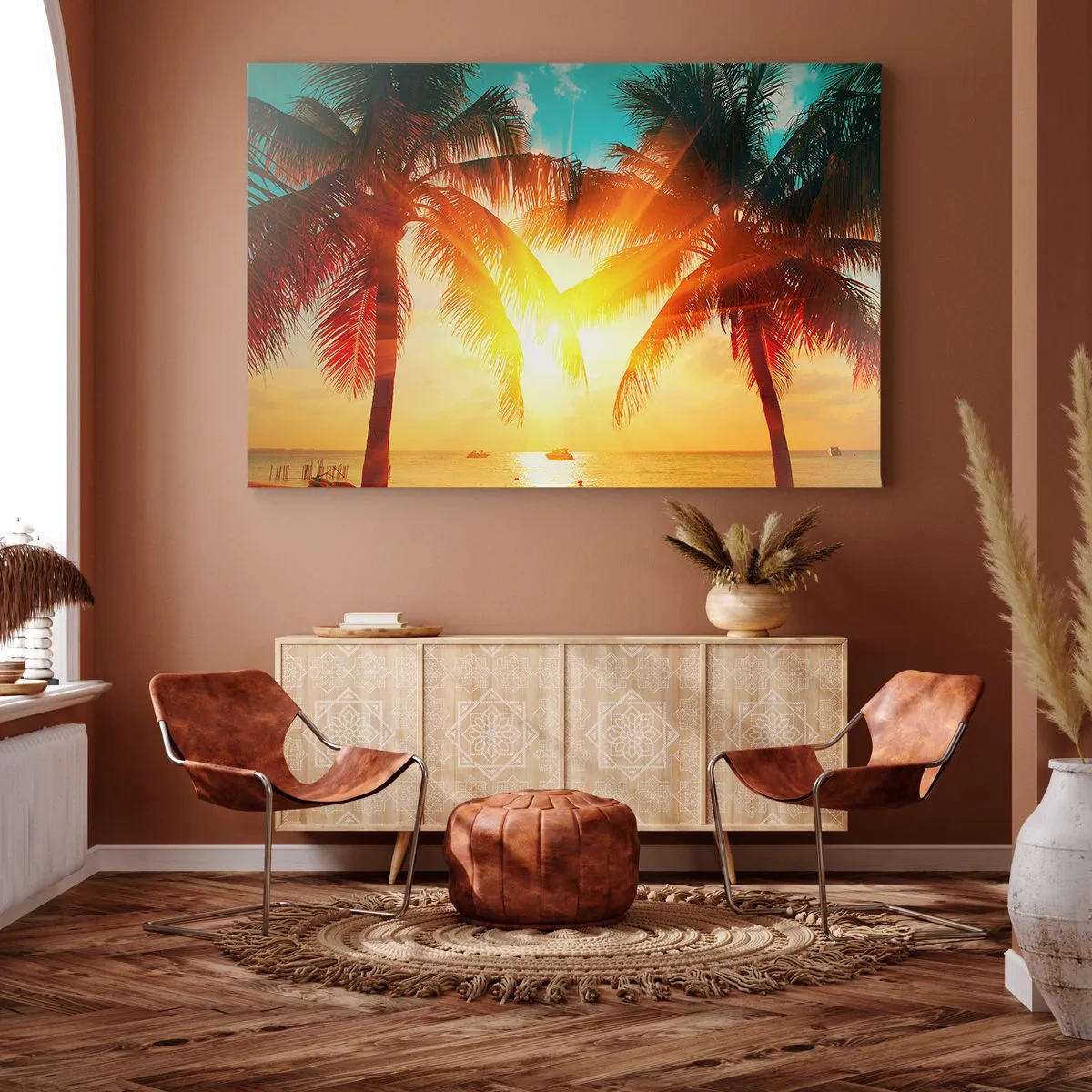 Canvas picture - Palm trees illuminated by the warm light of the setting sun - 70x50cm - Exotic Couple - Modern wall decoration for the living room and bedroom ARTTOR