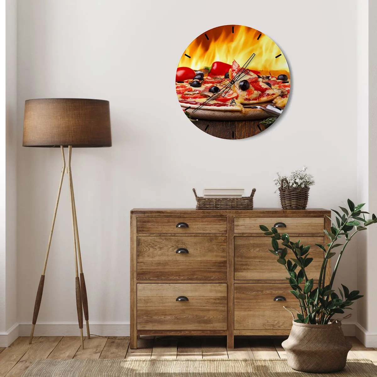 Wall clock - Clock on glass - Pizza with olives and tomatoes on a fire - 30x30cm - From Italy with Love - Modern wall decoration for the living room, kitchen, and bedroom ARTTOR