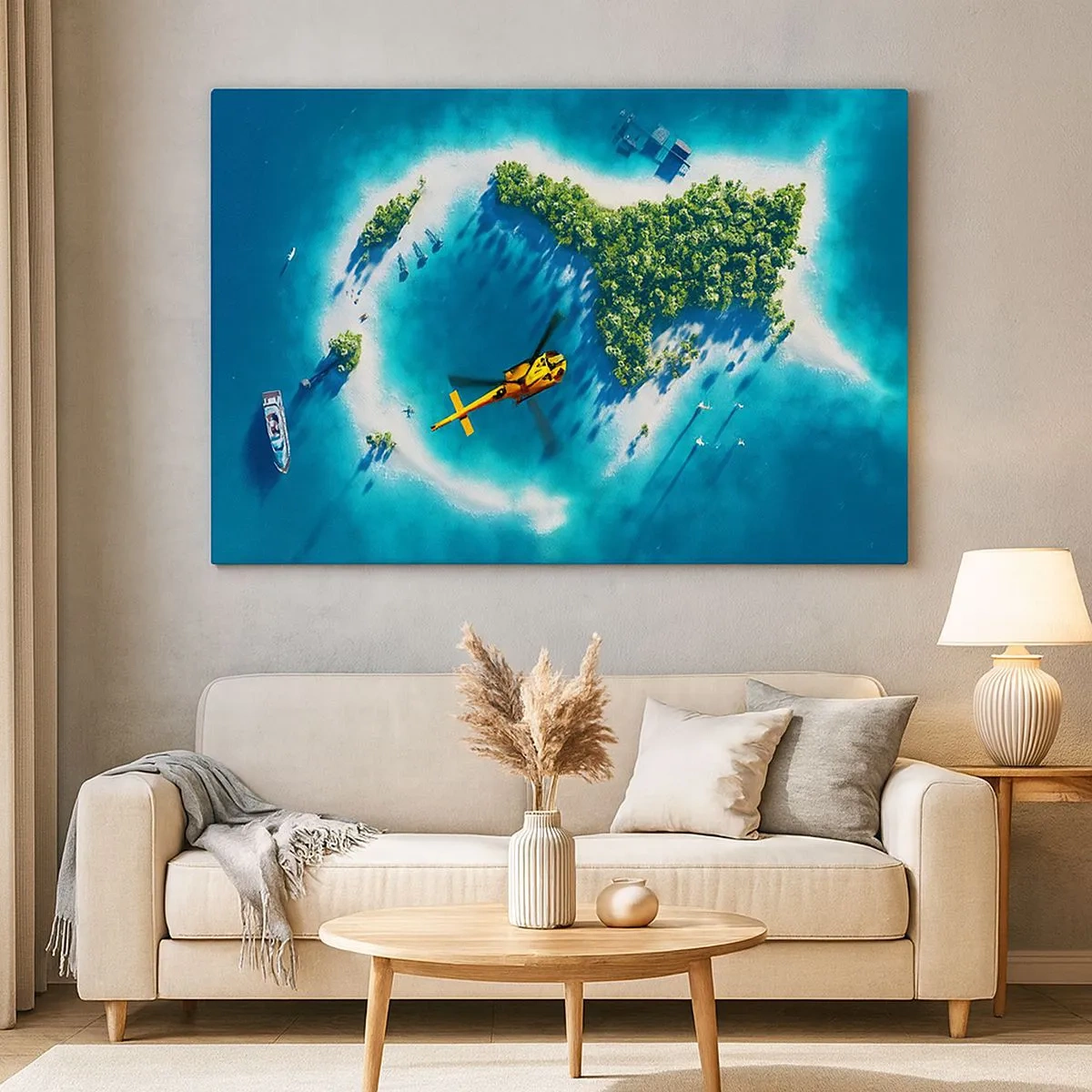 Canvas picture - A tropical island surrounded by turquoise water with a helicopter in sight - 70x50cm - Get Yourself an Island - Modern wall decoration for the living room and bedroom ARTTOR