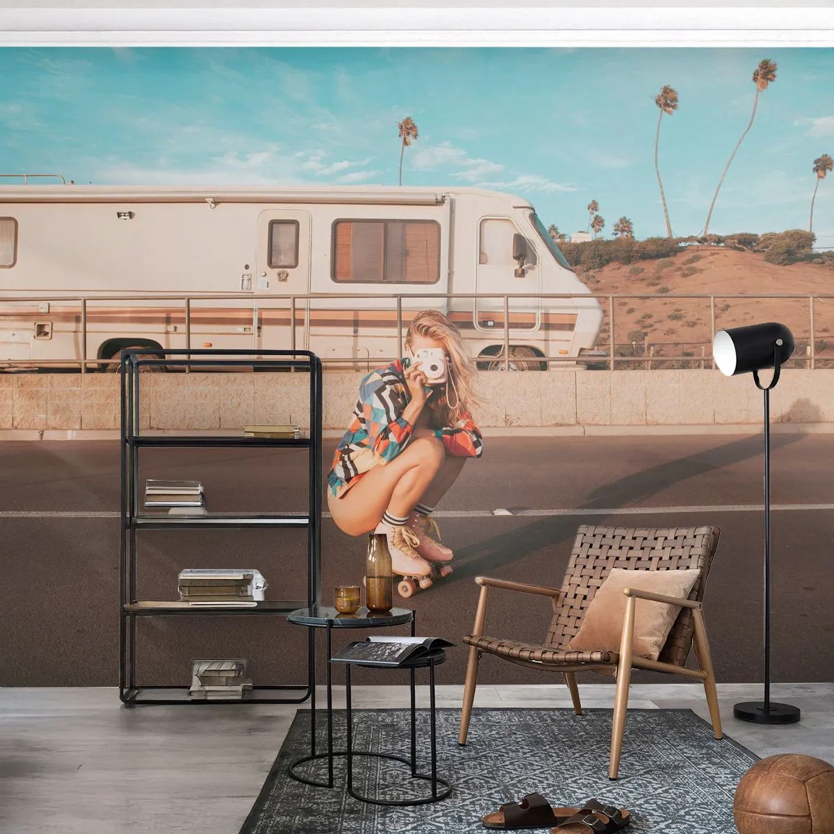 Photo Wallpaper Premium Canvas - Smile, Please! - Landscape, Camper, Woman - 400x280 cm