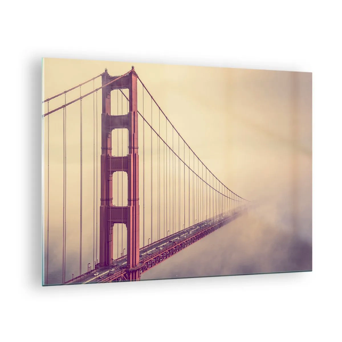 Glass picture - San Francisco's Golden Gate Bridge in a foggy landscape - 70x50cm - Between Heaven and Earth - Modern wall decoration for the living room and bedroom ARTTOR